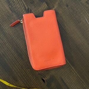 Fossil Phone Slide Leather Wallet Zippered Neon Coral